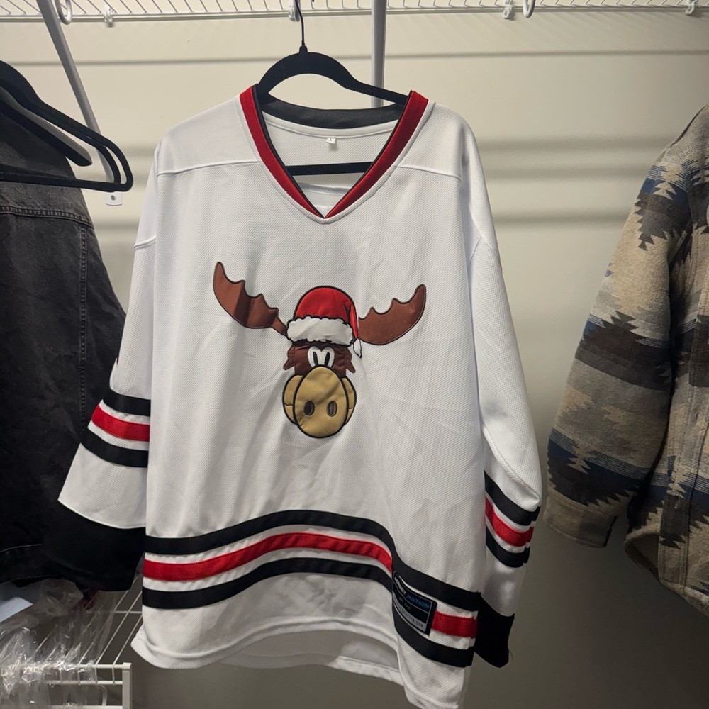 White V-Neck Sweater with Moose Design
